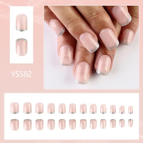 SEENEEY French Tip Short Square Press on Nails, 24Pcs Cute Fake Nails