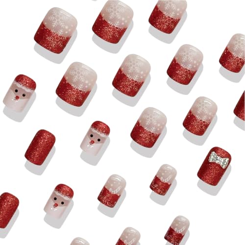 Christmas Press on Nails Short Red French Tip False Nails with Charms