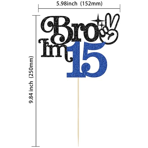 Brother I'm 15 Cake Topper - Glitter Happy 15th Birthday Decoration | Blue & Black