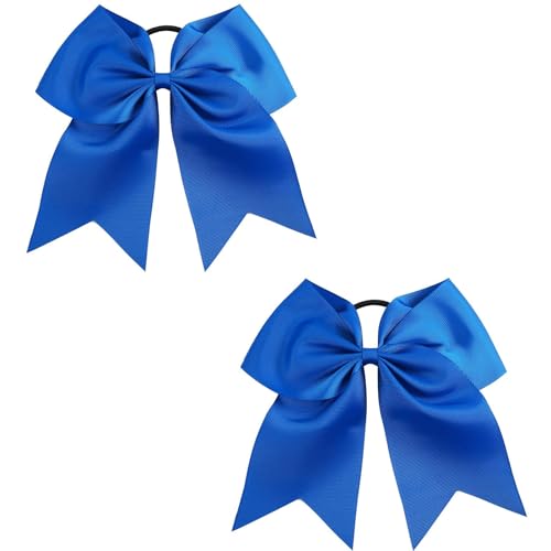 Large Blue Cheer Hair Bows with Ponytail Holders - 8 Inch, 2 Pack