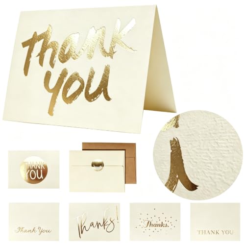 Jotique Gold Foil Thank You Cards with Envelopes - 48 Sets, 3.75x5 Inches, Blank Inside, Elegant Floral Design