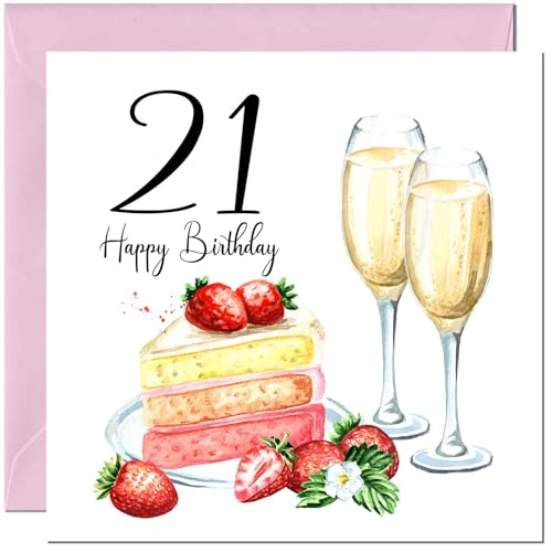 Elegant 21st Birthday Card for Women - Strawberries & Cake