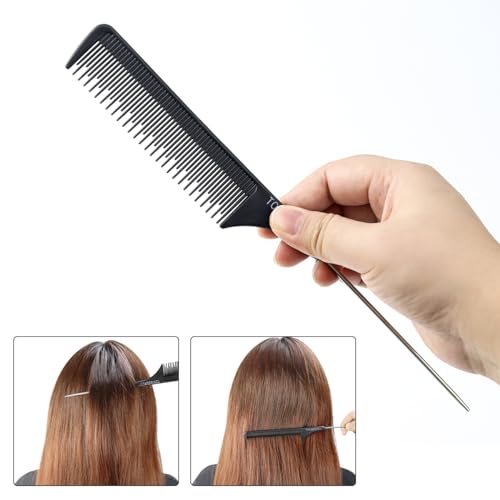 Tenalleys 2-Pack Black Rat Tail Comb with Stainless Steel Pintail