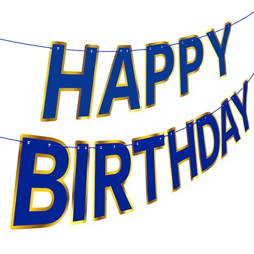 Navy Blue Happy Birthday Banner with Golden Border - 13 Flags