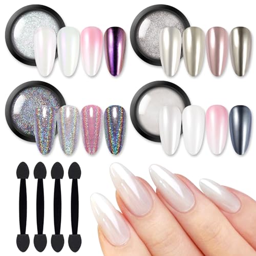 Born Pretty Pearl Chrome Nail Powder Set - 4 Boxes Holographic Glitter Pigment
