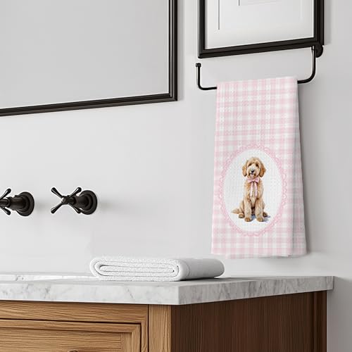 LUKIPOM Pink Doodle Coquette Bow Goldendoodle Dog Kitchen Hand Towels - 16x24 Inches