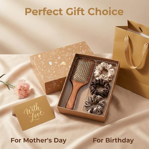 Wooden Hair Brush Set with Satin Scrunchies and DIY Stickers