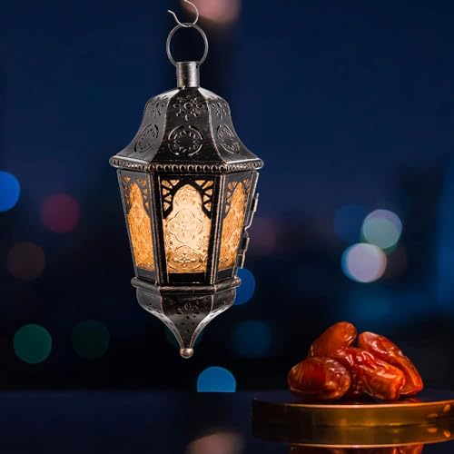 NEEDOMO Amber Moroccan Lantern 13.5-Inch Vintage Metal Candle Holder with Chain