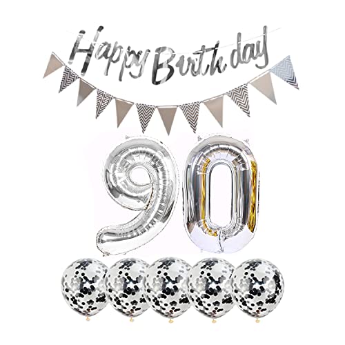 90th Birthday Decoration Kit with Silver Foil Balloons & Banner