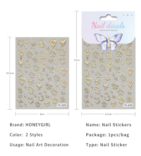 SIMAYKUWA Gold Silver Nail Art Stickers - 2-Sheet Metallic Heart Bow Decals