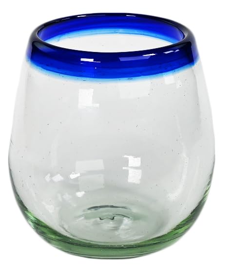 Stemless Wine Glass, Cobalt Blue Rim, Set of 4, 11 oz, Hand Blown by Mexican Artisans from 100% Recycled Cola Bottles, Eco-Friendly, Sustainable, Expert Craftsmanship, passed down through Generations