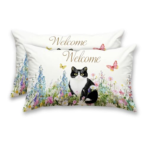 HOMETITUTE Cat Floral Satin Pillow Covers - 12x20 Inch Pack of 2