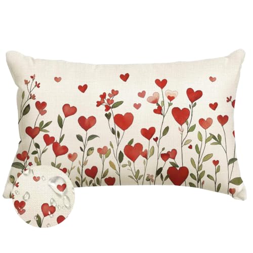 RABUSOFA Valentines Pillow Cover 12x20 Inch Waterproof Red Love Heart Floral Lumbar Throw Pillowcase for Indoor Outdoor Decor - Pack of 1