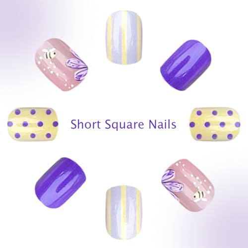 Purple Short Square Press on Nails with Bee and Flower Design Glossy Fake Nails Kit