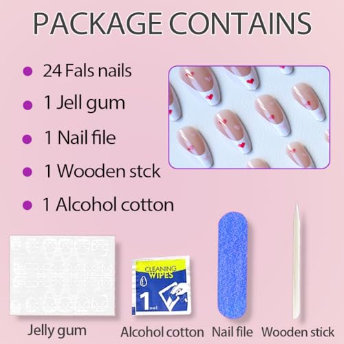 Valentine Long Almond Press On Nails with White French & Red Hearts