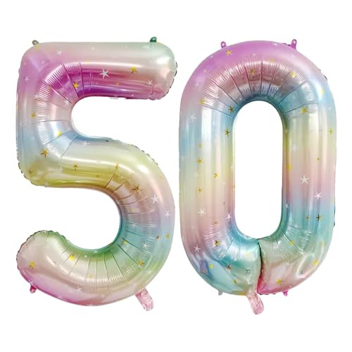 40-Inch Rainbow Number 50 Foil Balloon for 50th Birthday Party