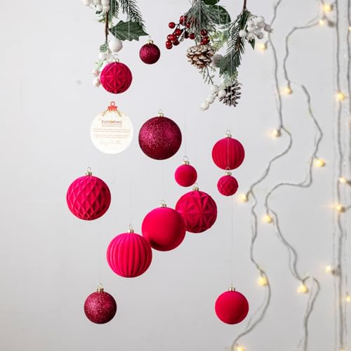 Fuchsia Pink Velvet Christmas Ornaments Set - 36pcs Shatterproof Xmas Decorations with 5 Styles & 3 Sizes