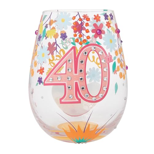 Enesco Lolita Designs Happy 40th Birthday Hand-Painted Artisan Stemless Wine Glass, 20 Ounce, Multicolor