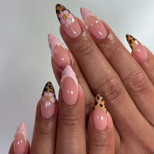 Leopard French Tip Press on Nails Medium Almond Fake Nails 3D Pearl