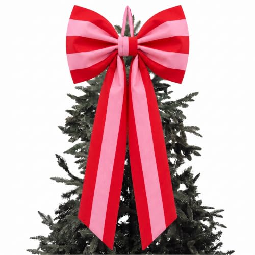 Large Red Pink Stripe Christmas Tree Topper Bow - 35x17 Inch Holiday Decor (Variation: Red Pink / Stripe)