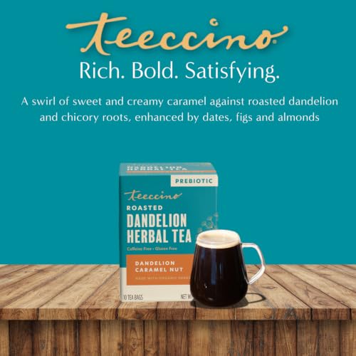 Teeccino Caramel Nut Dandelion Herbal Tea Bags - Caffeine Free, Prebiotic, 10 Pack