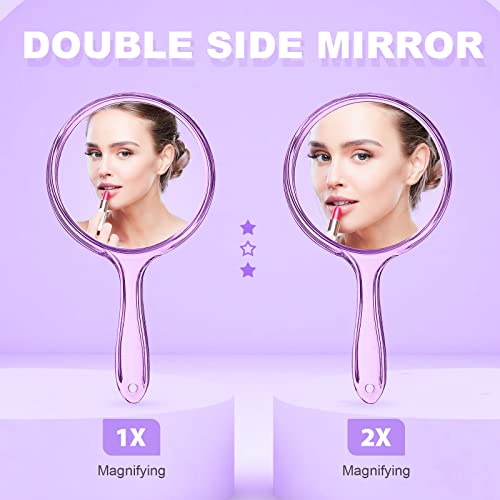 D Purple Hand Held Makeup Mirror Double Sided 1X 2X Magnification