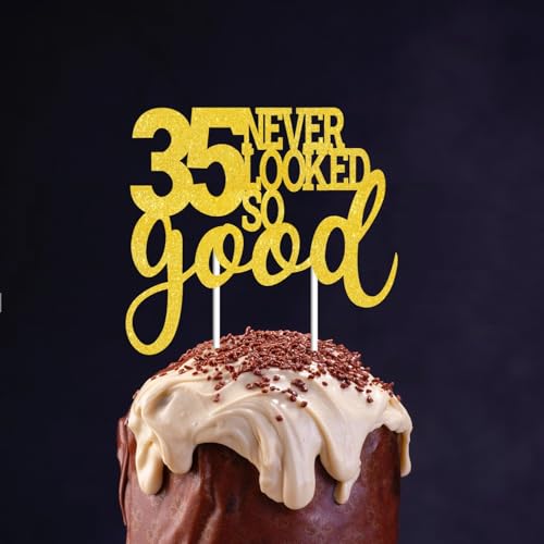 35 Never Looked So Good Gold Glitter Cake Topper for 35th Birthday