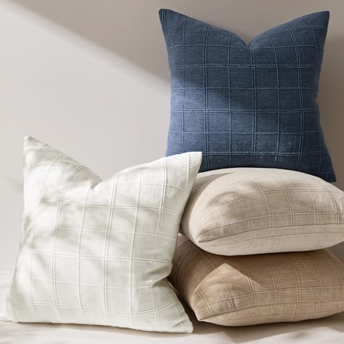 Set of 2 Blue Linen Plaid Throw Pillow Covers 18x18