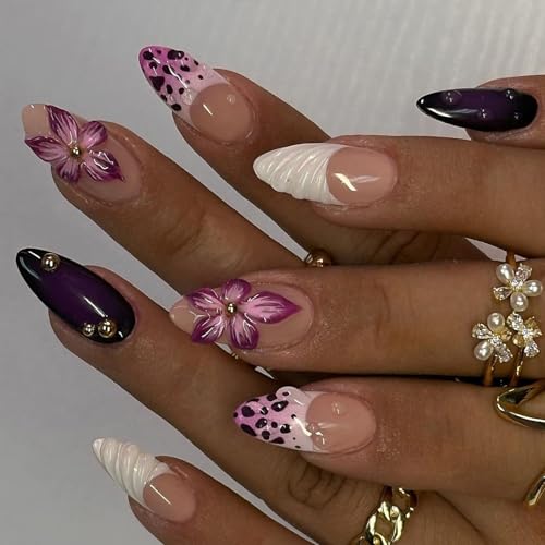 Purple Floral French Tip Press on Nails - 24Pcs Medium Acrylic Fake Nails