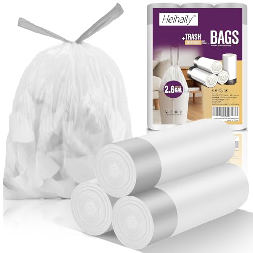 Heihaily 2.6 Gallon White Drawstring Trash Bags, 60 Count