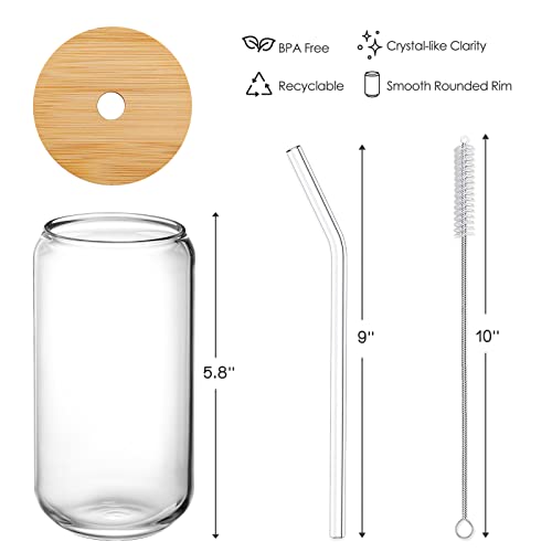 NETANY 16 oz Glass Cup with Bamboo Lid and Glass Straw - Single Pack