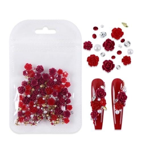 50Pcs Red Rose Nail Charms with Pearls, Valentine Resin Rhinestones