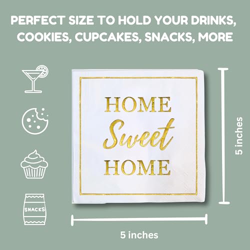 Housewarming Party Napkins 50 Pack - Elegant White & Gold Foil 'Home Sweet Home' Paper Napkins for Gifts & Events