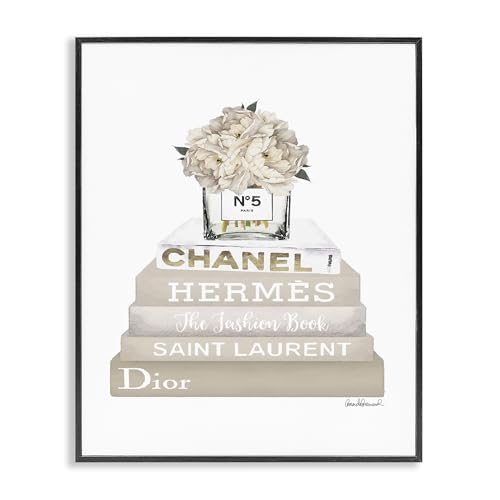 The Stupell Home D?cor Collection High Fashion Bookstack with Tan Flowers Framed Giclee Texturized Art, 11 x 14, Multi-Color
