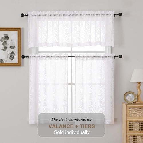 Short White Sheer Curtains 24" Length, 2 Panels with Jacquard Design