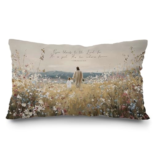 Jesus and Girl Christian Throw Pillow Cover 12x20 - Flannelette Decor