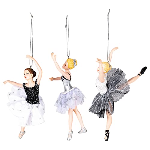 Set of 3 Black Silver White Ballerina Christmas Ornaments - Whimsical Holiday Decor