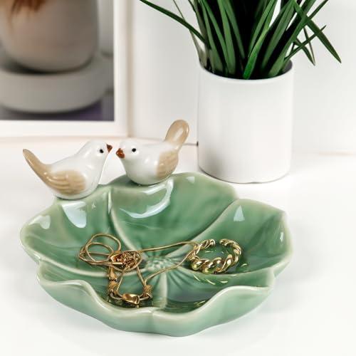 Fordonral Ceramic Bird & Lotus Leaf Jewelry Tray - Green
