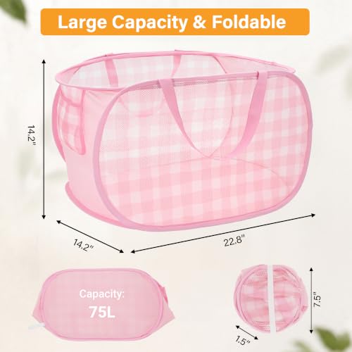 Sturdy Collapsible Laundry Basket with Pocket - Foldable Hamper for Kids Room, Dorm, and Travel - Check Print, Pink