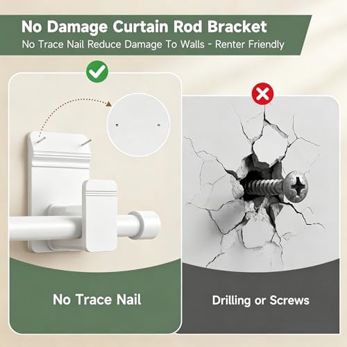 EKOTTOK No Drill Curtain Rod Brackets for 5/8" Rods - 2PC White, Heavy Duty, Damage-Free