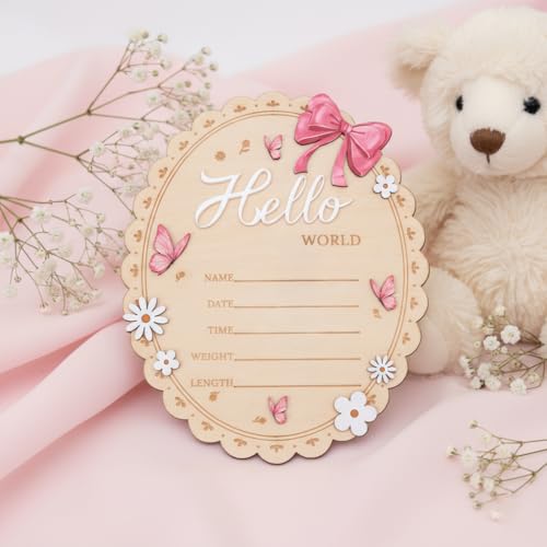 Hello World Wooden Baby Birth Announcement Sign - Oval Floral Keepsake