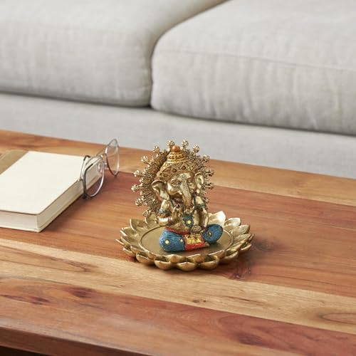 Deco 79 Resin Ganesh Decorative Sculpture Home Decor Statue with Lotus Plate and Colorful Dresswear, Accent Figurine 7" x 7" x 5", Gold