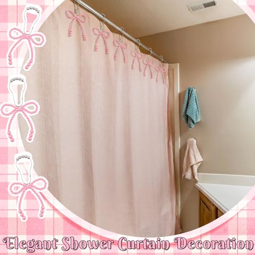 Pink Pearl Bow Shower Curtain Hooks - 12 Decorative Rings