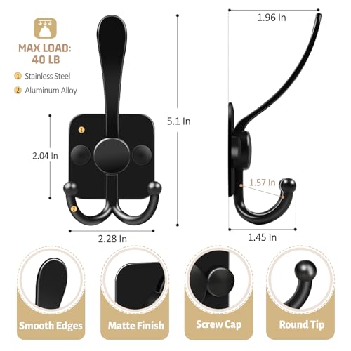 VIS'V Heavy Duty 3 Prong Coat Hooks - Wall Mount Adhesive & Screws, Black, 4 Pcs