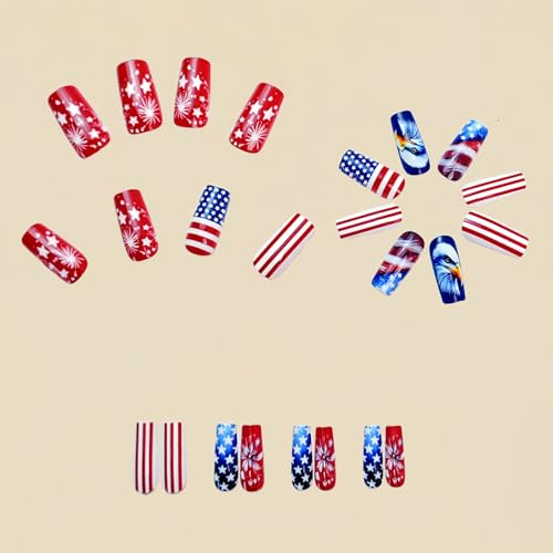 4th of July Medium Coffin Press on Nails - USA Flag & Star Design