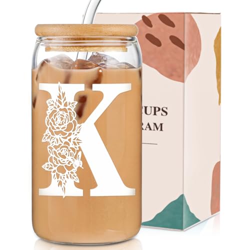 Personalized Initial Glass Cup with Lid & Straw - Ideal Gift for Women