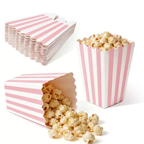 32 Pack Pink Popcorn Boxes - Mini Striped Buckets for Parties