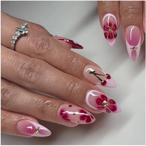 3D Cherry Blossom Press On Nails Almond Glossy Pink Rhinestone False Nails