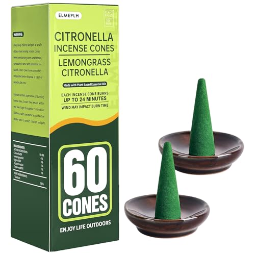 60 Citronella Incense Cones for Outdoor Patio with 2 Ceramic Dishes