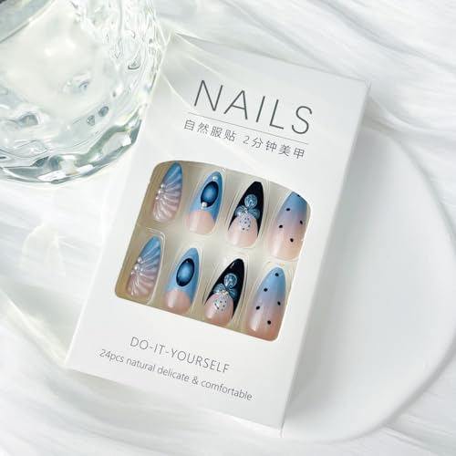 French Tip Press On Nails Long Almond Blue Black False Nails 24Pcs